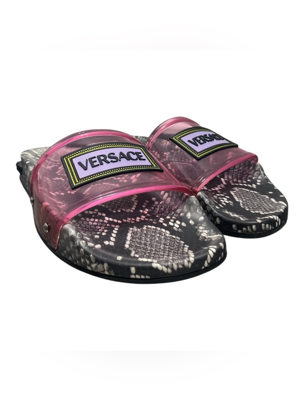 Versace Pink Clear Snake-Print Slide Sandals